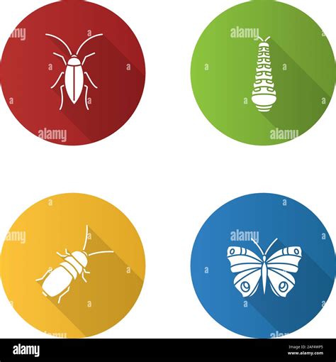 Insects Flat Design Long Shadow Glyph Icons Set Cockroach Caterpillar