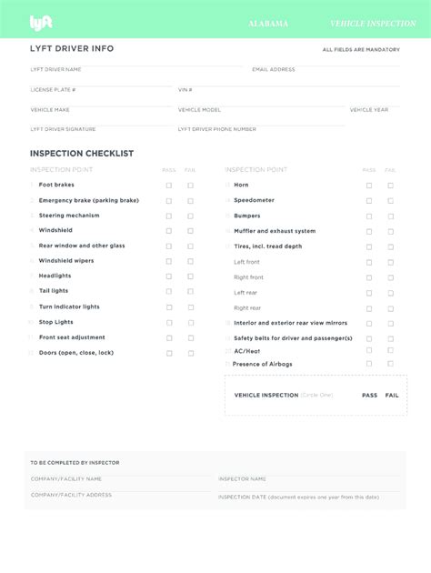 Lyft Inspection Form Printable Forms Free Online