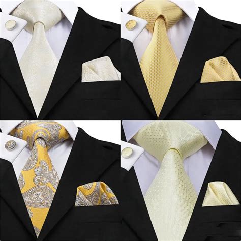 Hi Tie Silk Men Tie Set Floral Yellow Gold Ties And Handkerchiefs Cufflinks Set Mens Wedding