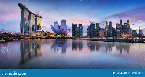 Singapore Panorama Skyline At Night Marina Bay Stock Image Image Of