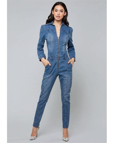 Bebe Denim Puff Sleeve Jumpsuit In Blue Lyst