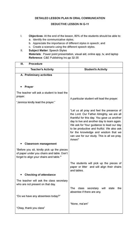 Speech Styles Lesson DETAILED LESSON PLAN IN ORAL COMMUNICATION