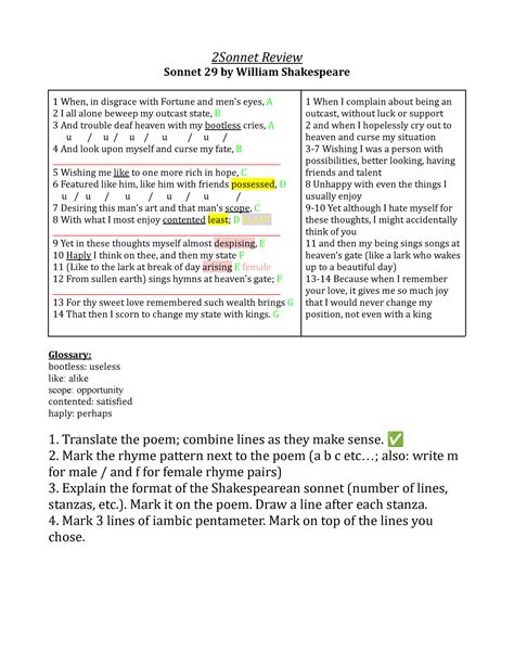 29 Review for class KEY - 2Sonnet Review Sonnet 29 by William