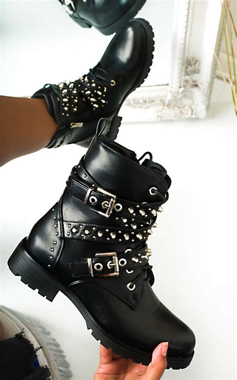 Blake Buckle Studded Biker Boots In Black Pu Ikrush