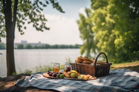 Premium AI Image | Summer picnic in the park with view of the lake and ...