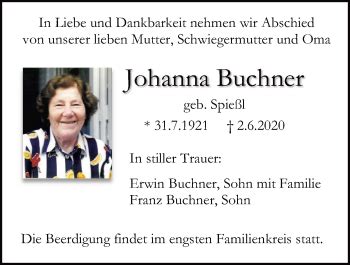 Traueranzeigen Von Johanna Buchner Mittelbayerische Trauer