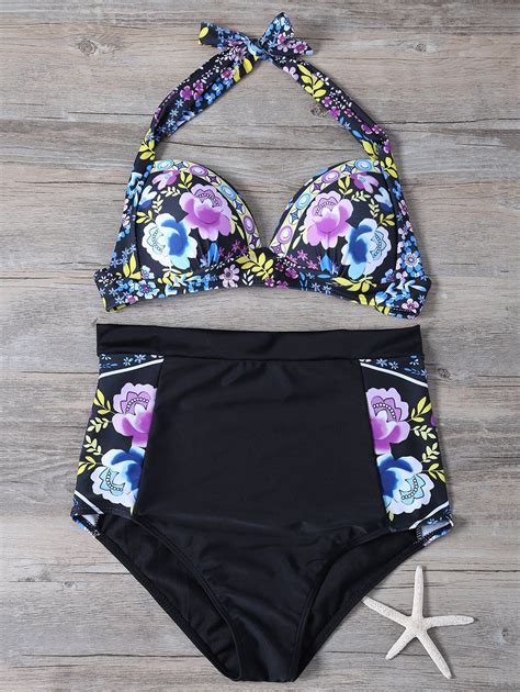 Floral Print High Waisted Vintage Bikini BLACK L Vintage Halter Dress