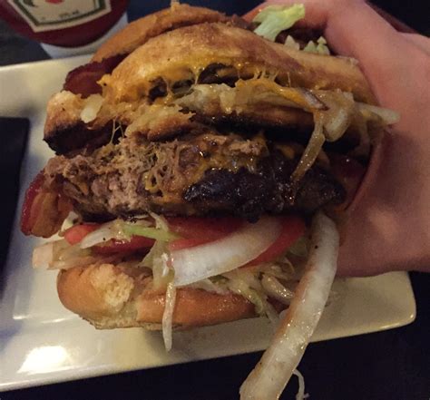 Demolishing The Pint Tower Burger…double cheeseburger with bacon ...