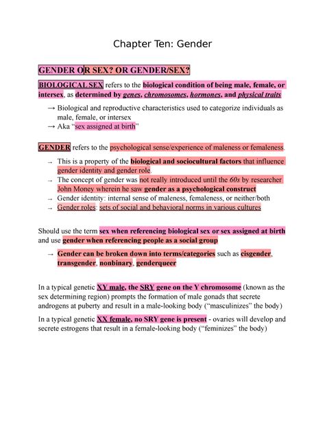 Psyc Sexual Behaviour Note Set Three Chapter Ten Gender Gender Or