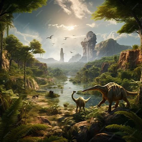 premium photo prehistoric landscape  majestic dinosaurs  lush