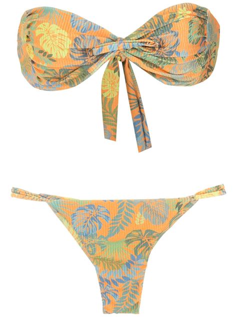 Amir Slama Palm Leaf Print Bandeau Bikini Orange FARFETCH