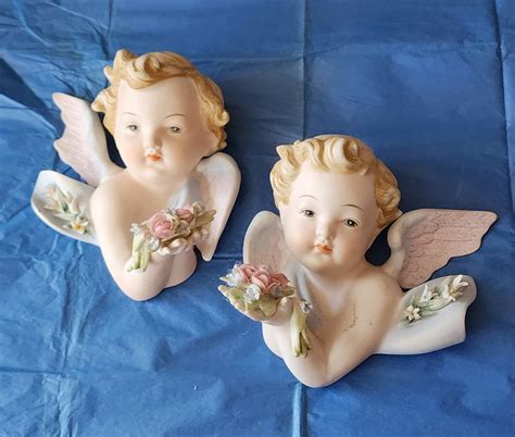 Vintage Lefton Cherubs Angels Matching Pair Holding Flower Bouquets Made Much Like Capodimonte