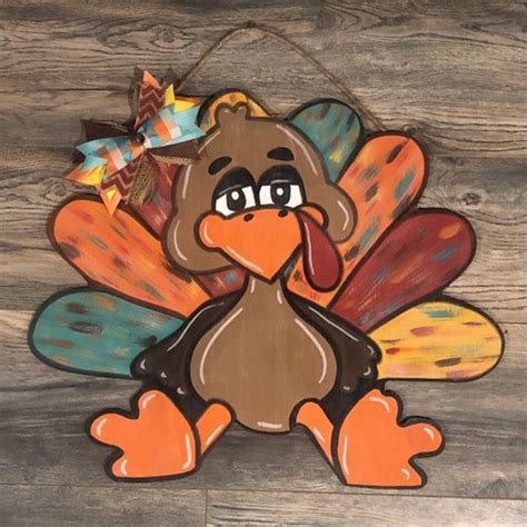 Cute Colorful Turkey Door Hanger Thanksgiving Door Decor Etsy