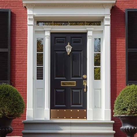 A Black Front Door With Two Planters On Either Side