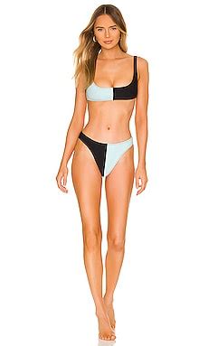 Matthew Bruch Anna Colorblock High Cut Bikini Set In Aqua Black Revolve