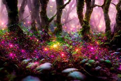 Un bosque con luces de colores y árboles al fondo Foto Premium