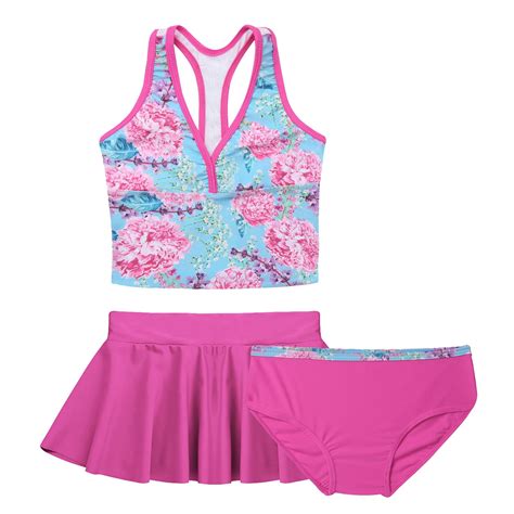 Msemis Girls 3 Piece Swimsuits Floral Tankini Set With Skirt Swimsuit