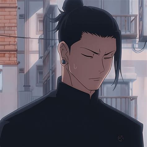 an anime character with black hair and piercings looking down at his ...