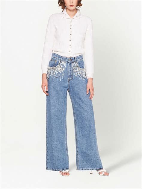 Miu Miu Crystal Embellished Wide Leg Jeans Farfetch