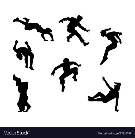 Black Parkour People Silhouette Set Flat Cartoon