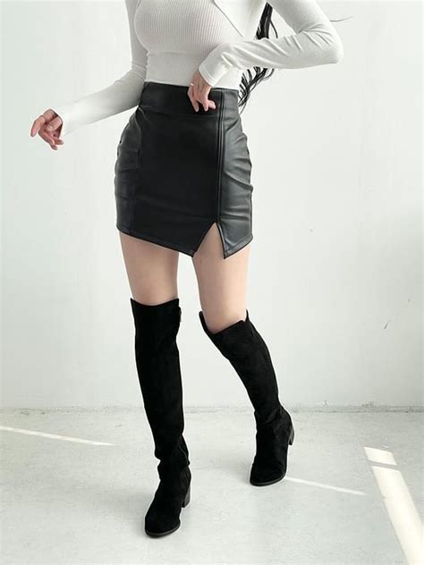 Picknfit Slit Leather Diagonal Unbalanced Mini Skirt Codibook