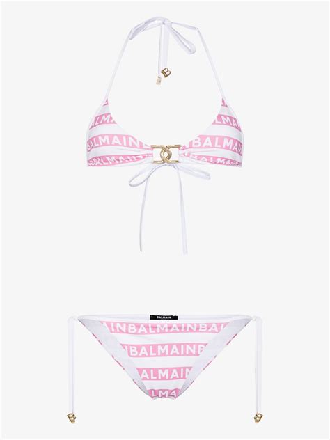 Balmain Logo Stripe Triangle Bikini Browns