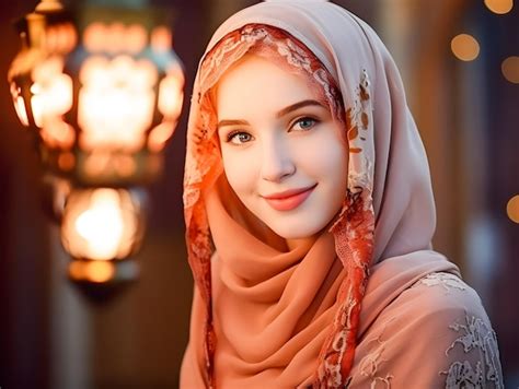 Premium Photo Smiling Beautiful Muslim Woman In Hijab With Lantern At