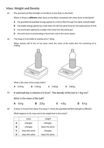 Mass Weight And Density Igcse Classified Worksheet With Answers