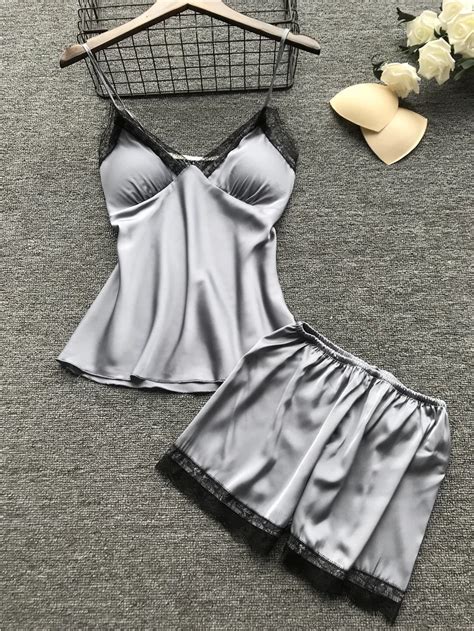 Hot Style Pure Color Satin Sexy Nightwear Four Piece Women Sleepwear With Breast Pad Buy Satin