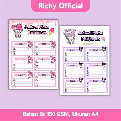 jual jadwal pelajaran karakter sanrio jadwal pelajaran lucu jadwal