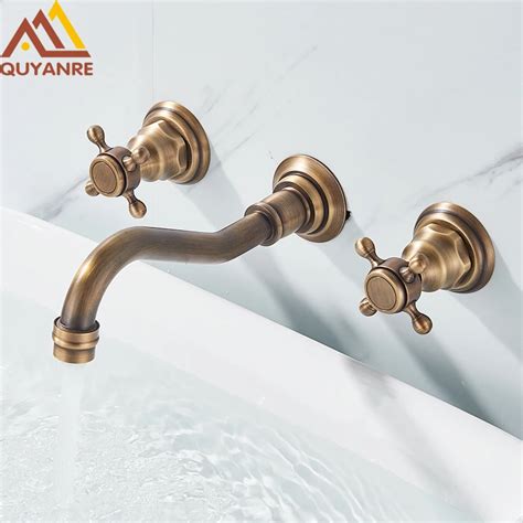 Quyanre Retro Antique Brass Basin Faucet Wall Mounted Dual Handles Hot