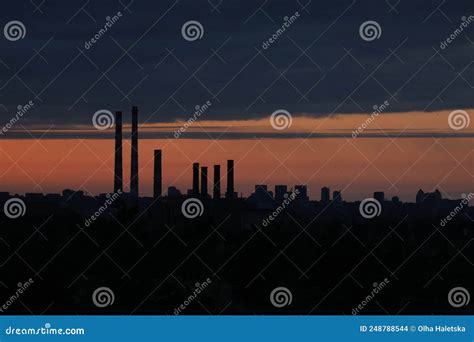 Skyline with Burning Sky in Industrial City Stock Photo - Image of ...