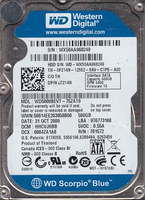 WD5000BEVT-75ZAT0, DCM HHCVJHBB, Western Digital 500GB SATA 2.5 Hard ...