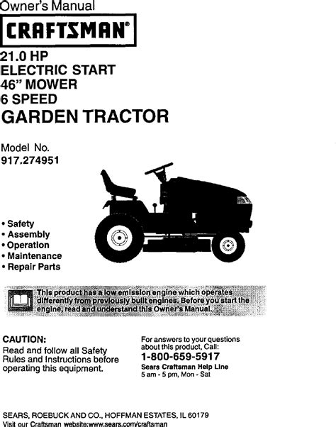 Craftsman 917274951 User Manual LAWN TRACTOR Manuals And Guides L0104115