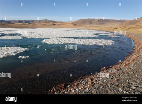 lake  mongolia  snow  hills  background stock photo alamy