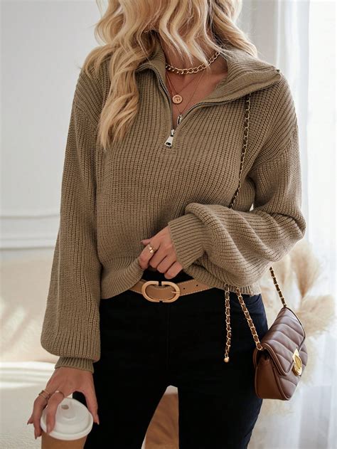 SHEIN LUNE Half Zip Drop Shoulder Sweater SHEIN USA