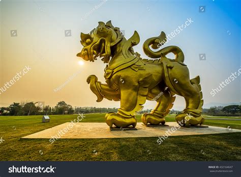 Gold Singha Statue On Sunset Backgroundpublic Stock Photo 432164647