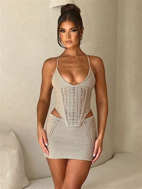 Summer Women Sexy Backless Mini Skirt Sets Beach Pieces Set For Women Bikini Knitted Cover