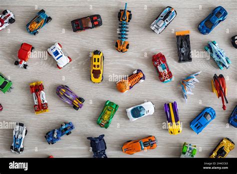 Top View Random Collection Of Model Sport Car Toy Hot Wheels On Wooden Floor Stock Photo Alamy
