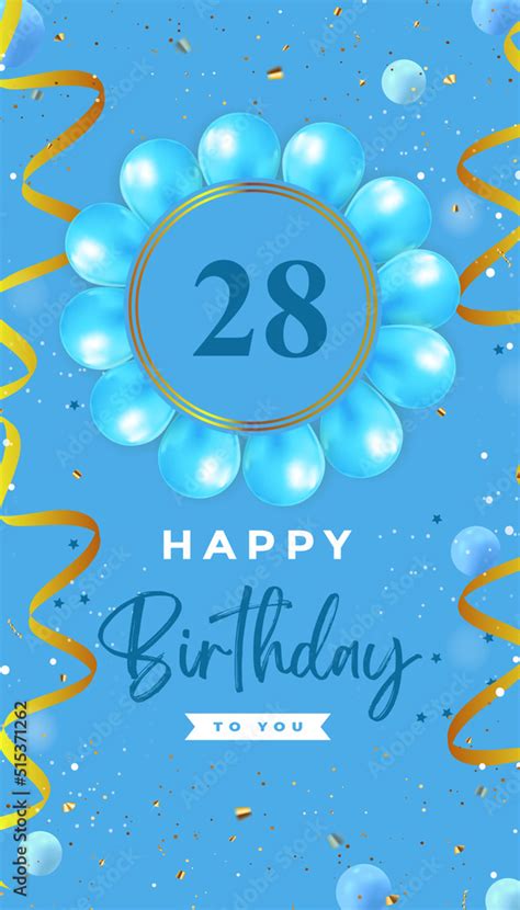 Happy 28th birthday with blue balloon and gold confetti isolated on ...