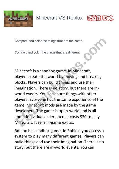 English Worksheets Compare And Contrast Minecraft Vs Roblox