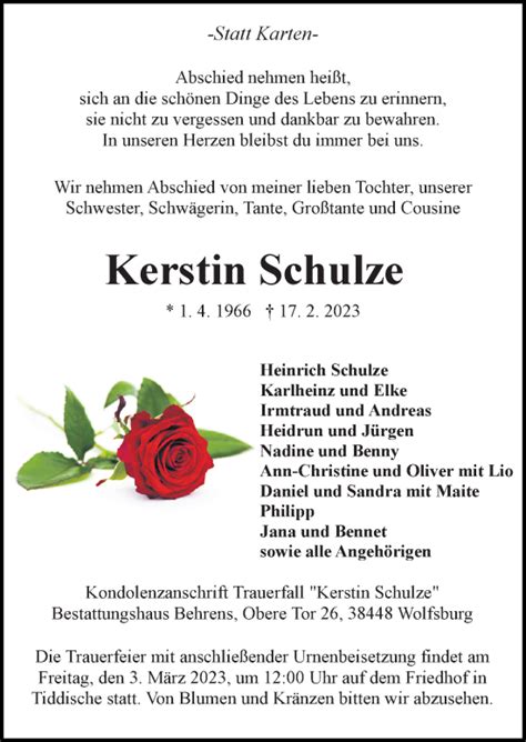 Traueranzeigen Von Kerstin Schulze Trauer Anzeigen De