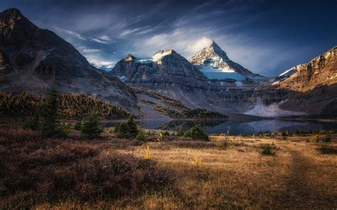 Snowy peak, mountains, lake, grass, autumn, Columbia, Canada wallpaper ...