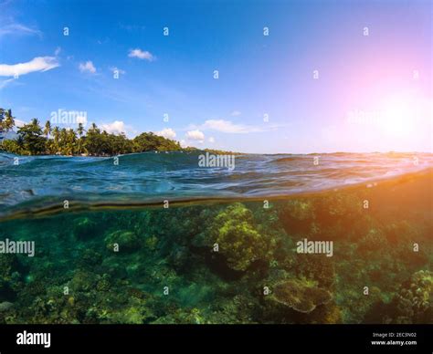 Split landscape with sea and sky. Double photo with tropical island and ...