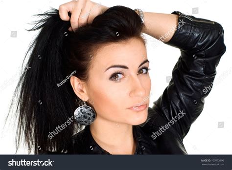 Cute Brunette Leather Jacket Masterfully Poses Stock Photo Shutterstock
