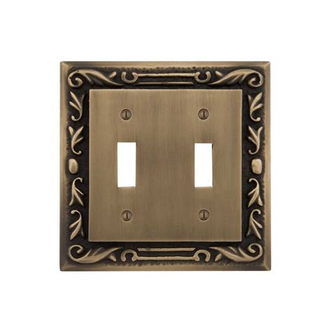 Floral Design Solid Brass Double Switch Plate Antique Brass