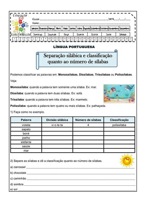 Separação De Silabas E Classificação - 👍Separação silábica e classificação quanto ao número de sílabas ...