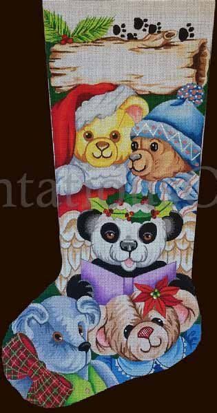 Rare Dede Ogden Hand Painted Needlepoint Stocking Canvas Christmas Teddy Bears Needlepoint