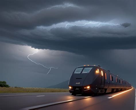 Premium AI Image Train Speeding Past Cloudy Sky With Lightning Bolts