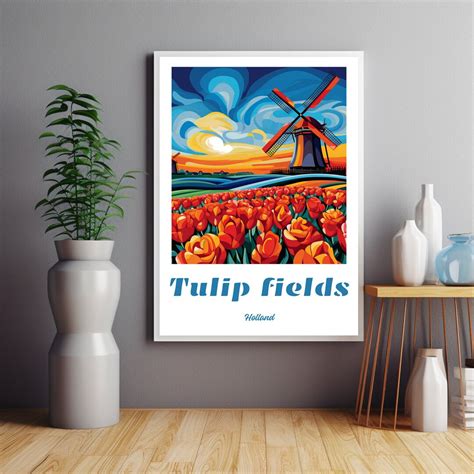 Tulip Fields Holland Poster Dutch Windmill And Tulip Fields Poster